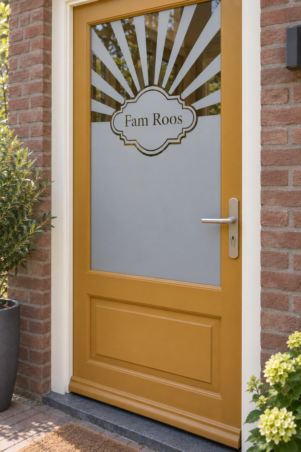 Schuin aanzicht van een Nederlandse voordeur met zonnestralen rond een naamschild in raamfolie zonnestralen met naam.