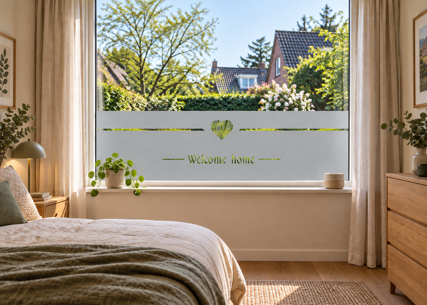 Raamfolie welcome home (RFH051) als horizontale raamfolie boven de vensterbank in een slaapkamerraam, met matte folie en doorkijk naar de tuin.