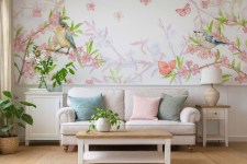 fotobehang-aquarel-bloemen-vogels-en-vlinders-woonkamer