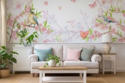 fotobehang-aquarel-bloemen-vogels-en-vlinders-woonkamer