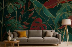 fotobehang-bladeren-rood-groen-sfeervolle-woonkamer