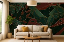 fotobehang-bladeren-rood-groen-woonkamer