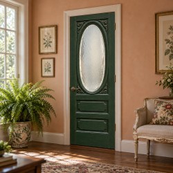 XL deursticker vintage groene voordeur met ovaal sierglas V15 toegepast in een botanische zitkamer met perzikkleurige wand en varen