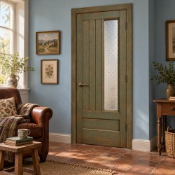 XL deursticker vintage houten voordeur met smalle glasstrook V16 toegepast in een landelijke leeshoek met blauwe wand en leren fauteuil