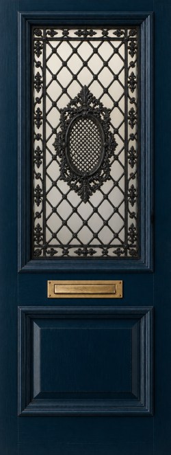 vintage blauwe voordeur met sierrooster V21 als XL deursticker zonder witte buitenrand