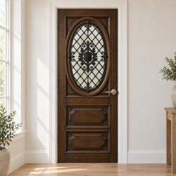 XL deursticker vintage houten voordeur met ovaal ruitrooster V24 toegepast in een wit kozijn met natuurlijke lichtinval