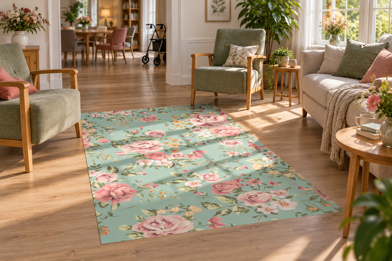 Vloerkleedsticker met roze vintage bloemen op lichtgroen, vlak op de vloer in een gezamenlijke zithoek van een verzorgingshuis. Ontwerp us27947289.