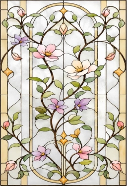 Bedrukte raamfolie voordeur sierlijke pastelbloemen met klassiek kader