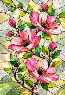 Bedrukte raamfolie voordeur roze bloemen en groene bladeren in glas-in-loodstijl