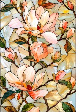Bedrukte raamfolie voordeur perzikkleurige magnolia in glas-in-loodstijl