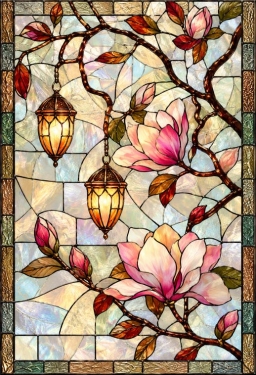Bedrukte raamfolie voordeur magnolia en lantaarns in glas-in-loodstijl