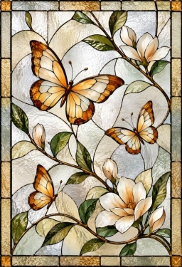 Bedrukte raamfolie voordeur goudgele vlinders en witte magnolia