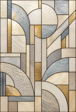 Bedrukte raamfolie voordeur geometrische bogen in beige en blauwgrijs