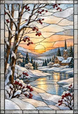 Bedrukte raamfolie voordeur winterlandschap met kerk en rivier