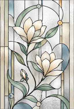 Bedrukte raamfolie voordeur witte magnolia met blauwgroene bogen