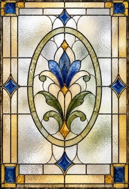 Bedrukte raamfolie voordeur blauw bloemornament in een ovaal kader