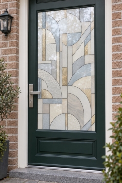 Bedrukte raamfolie voordeur geometrische bogen in beige en blauwgrijs – verticale sfeerfoto van raamfolie op maat