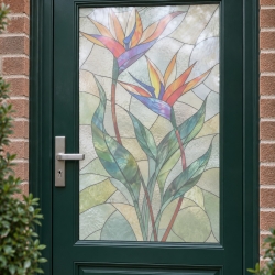 Bedrukte raamfolie voordeur paradijsvogelbloemen in glas-in-loodstijl op matglasfolie achter glas – statisch of zelfklevend
