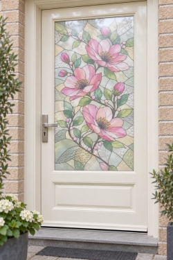 Bedrukte raamfolie voordeur roze bloemen en groene bladeren in glas-in-loodstijl – verticale sfeerfoto van raamfolie op maat