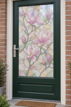 Bedrukte raamfolie voordeur roze magnolia op een warme glas-in-loodachtergrond – verticale sfeerfoto van raamfolie op maat