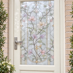 Bedrukte raamfolie voordeur sierlijke pastelbloemen met klassiek kader op matglasfolie achter glas – statisch of zelfklevend