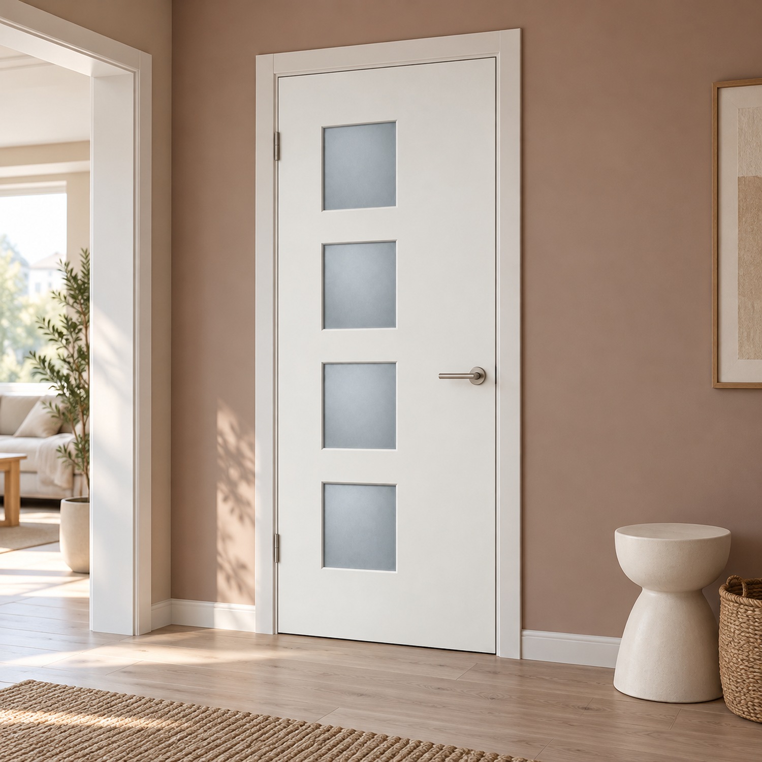 XL deursticker moderne witte voordeur met vier raampjes M02 toegepast in een appartement met kleikleurige wand en lichte houten vloer