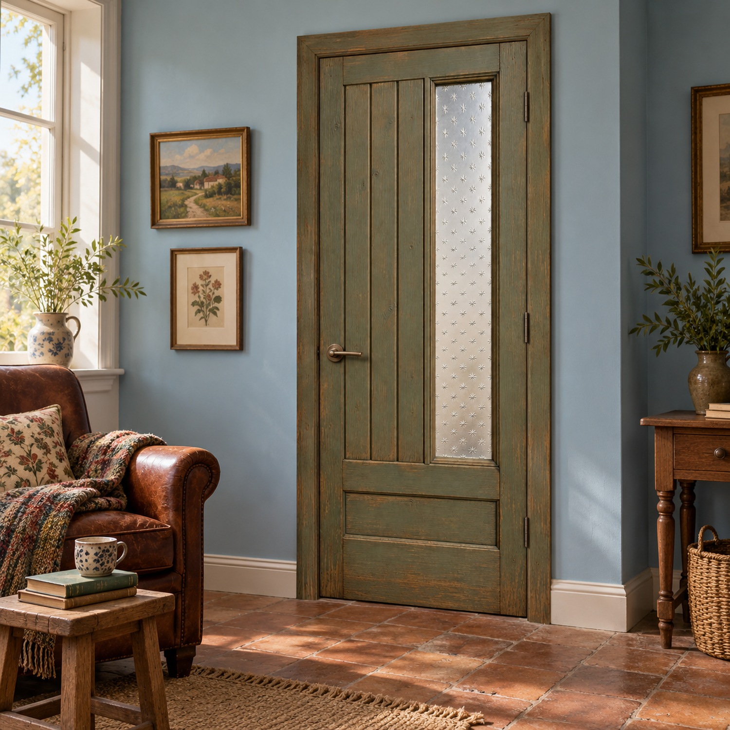 XL deursticker vintage houten voordeur met smalle glasstrook V16 toegepast in een landelijke leeshoek met blauwe wand en leren fauteuil