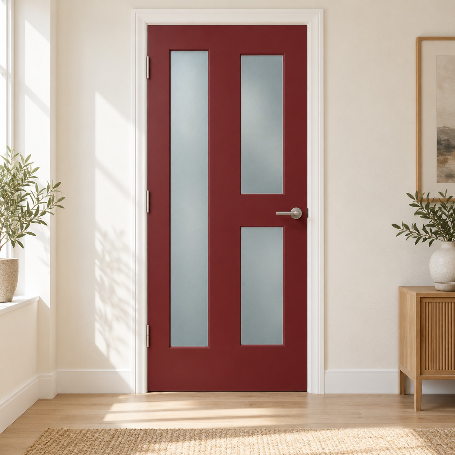XL deursticker moderne bordeaux voordeur met asymmetrisch glas M30 toegepast in een wit kozijn met natuurlijke lichtinval