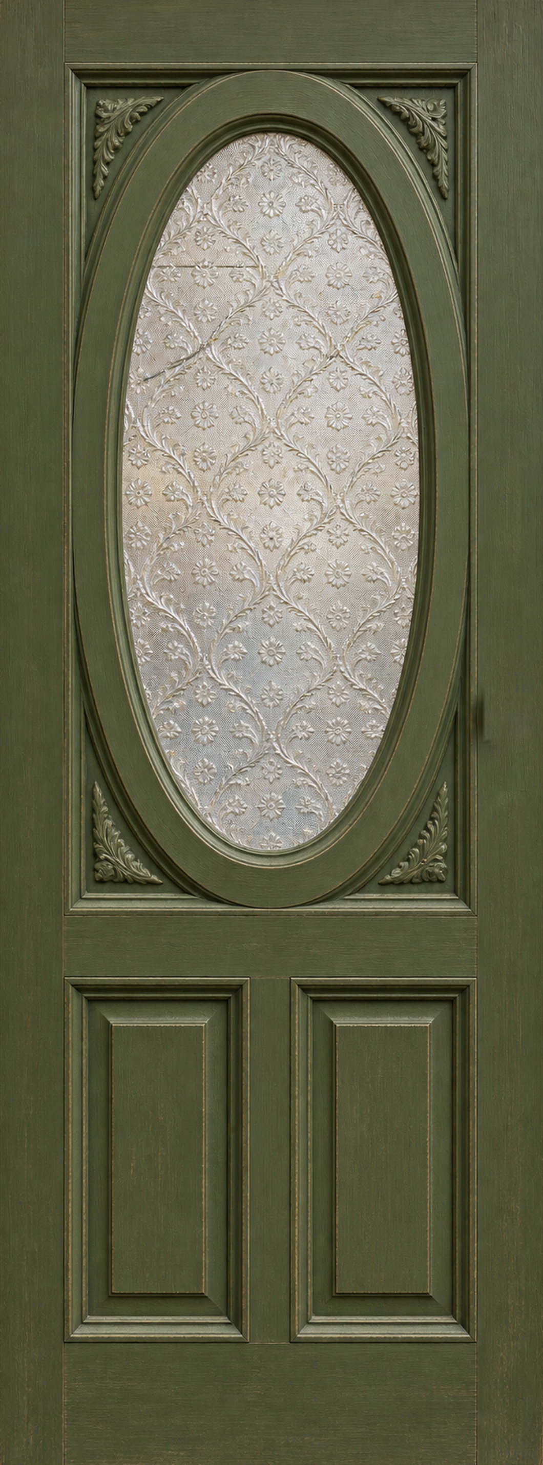 vintage olijfgroene voordeur met ovaal glas V04 als XL deursticker zonder witte buitenrand