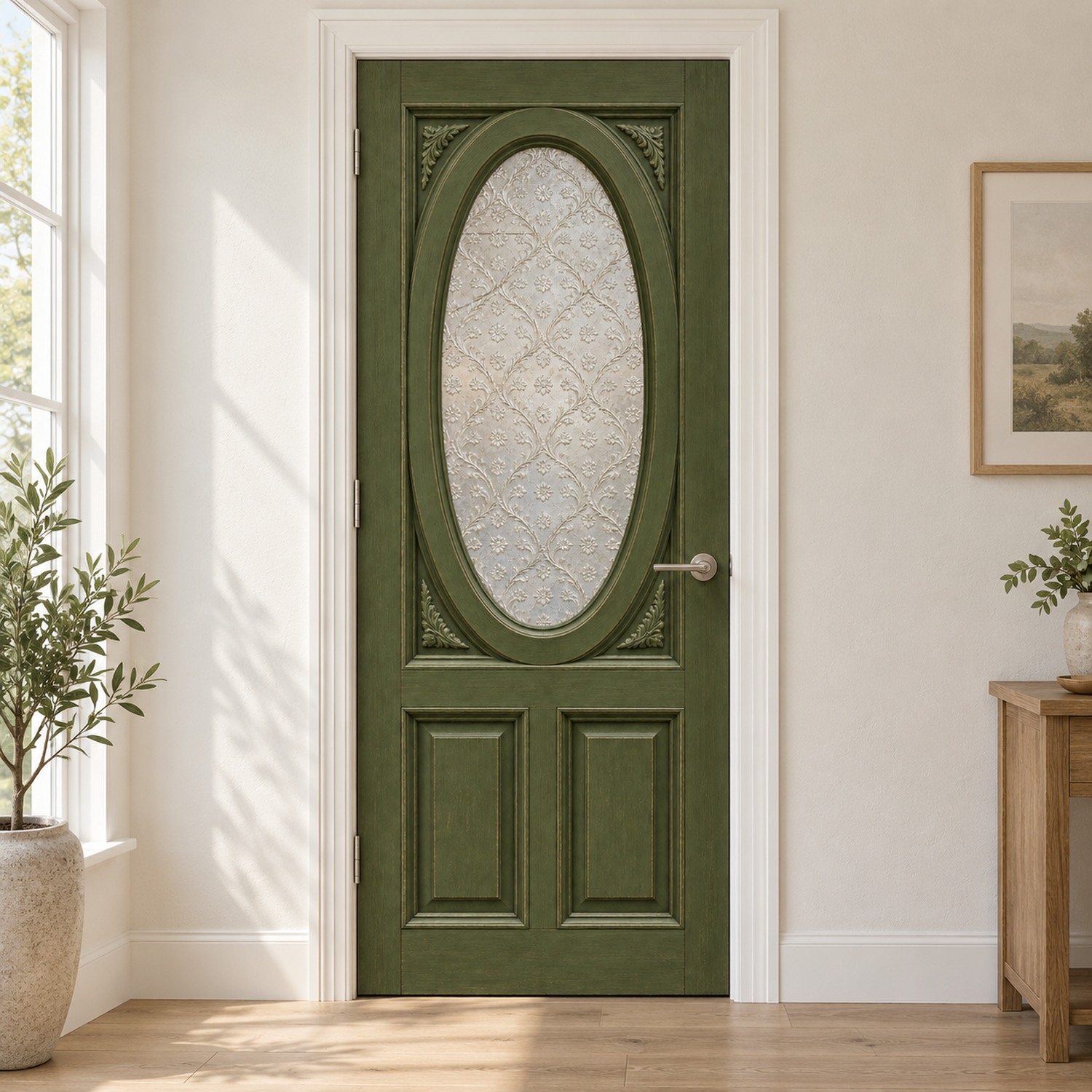 XL deursticker vintage olijfgroene voordeur met ovaal glas V04 toegepast in een wit kozijn met natuurlijke lichtinval