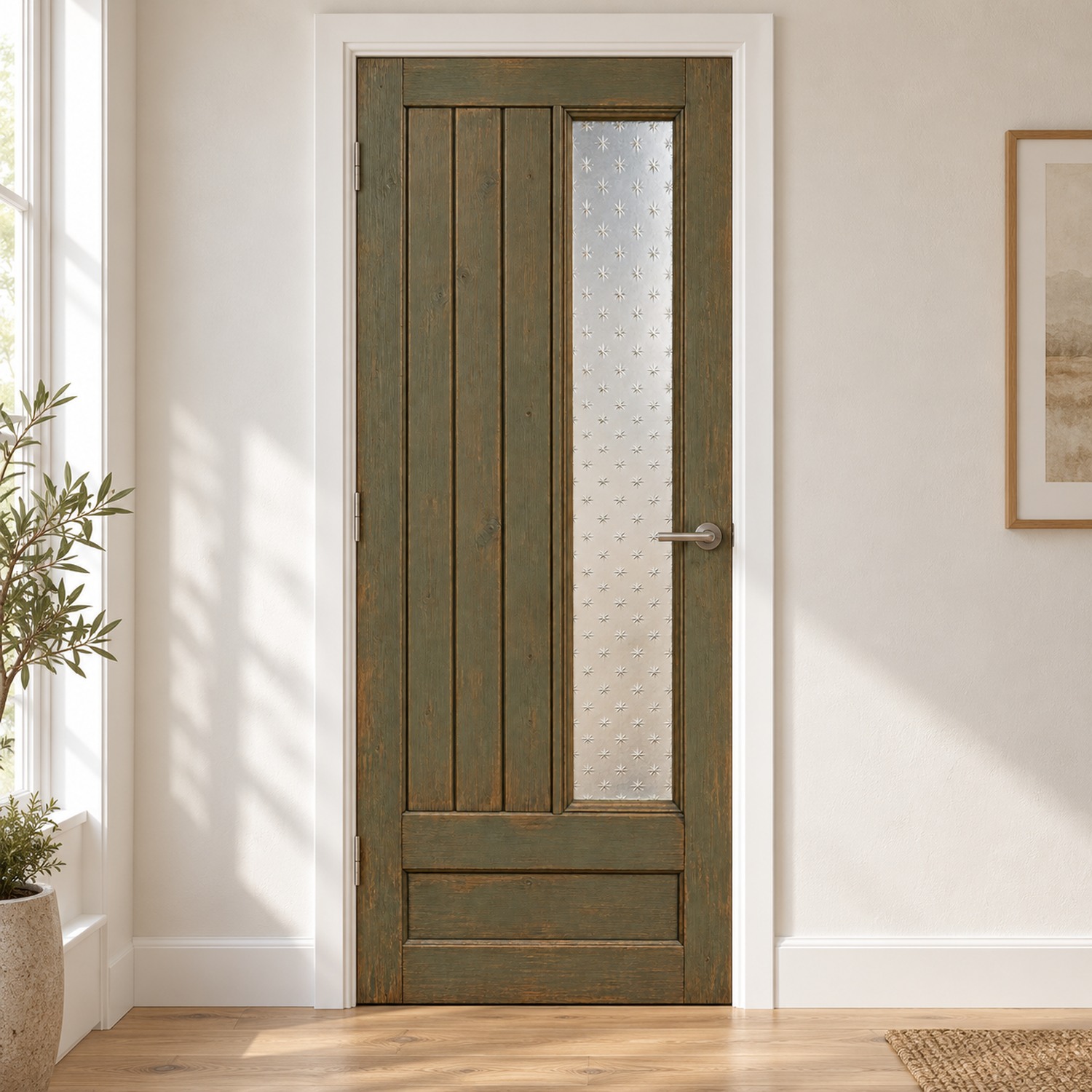 XL deursticker vintage houten voordeur met smalle glasstrook V16 toegepast in een wit kozijn met natuurlijke lichtinval