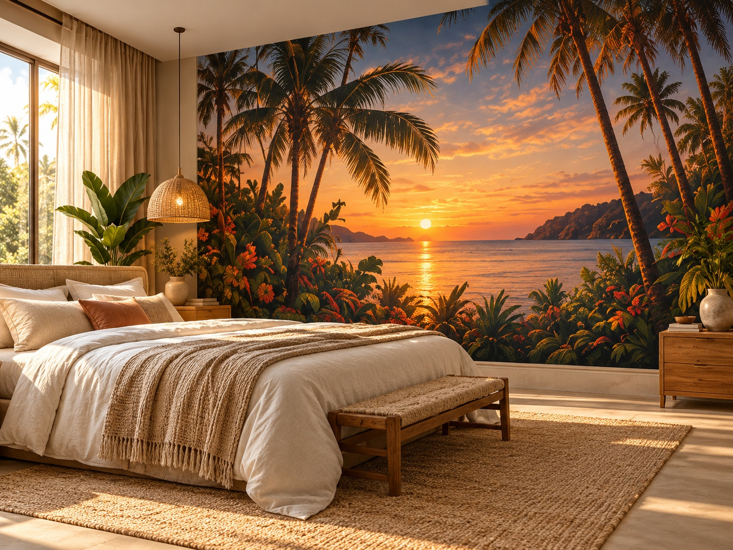 Tropisch AI-ontwerp als fotobehang in de slaapkamer Slaapkamer met wandvullend tropisch fotobehang met palmbomen, een zee en een warme zonsondergang.