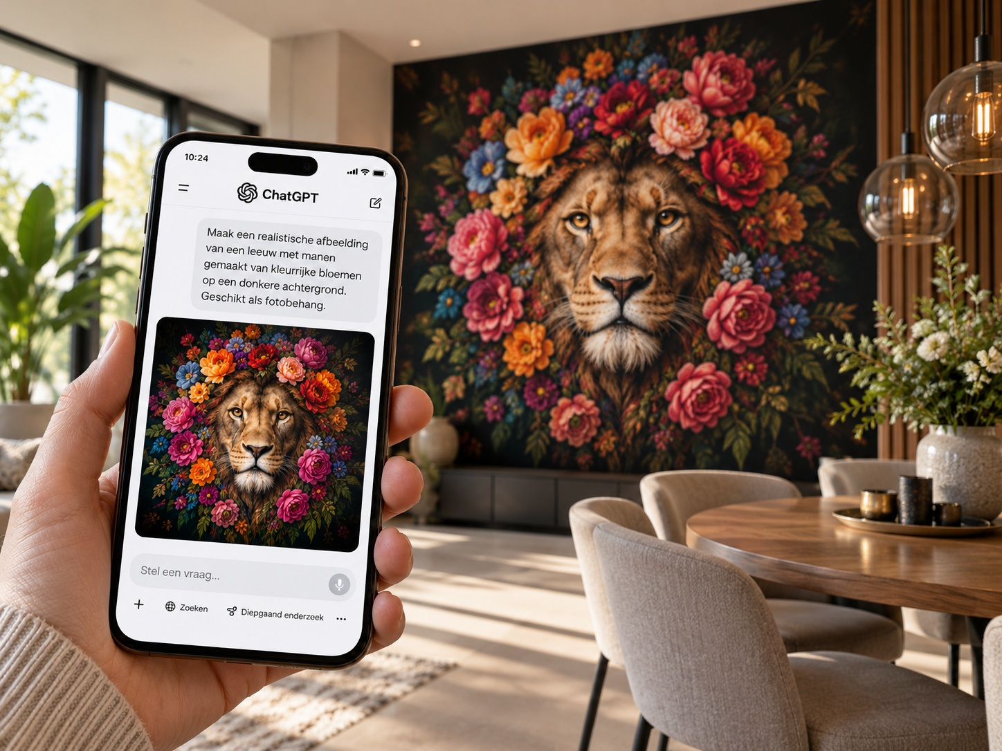 AI-ontwerp met leeuw en bloemen als fotobehang Smartphone met een AI-ontwerp van een leeuw tussen bloemen, met hetzelfde ontwerp als fotobehang in een woonkamer.